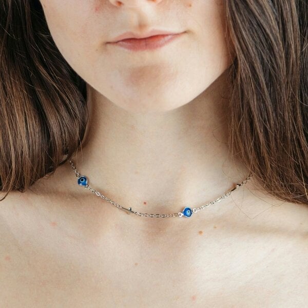 The Colourful Aura Blue Evil Eye Sideways Cross Necklace Minimalist Choker Dainty Protection Choker - Silver