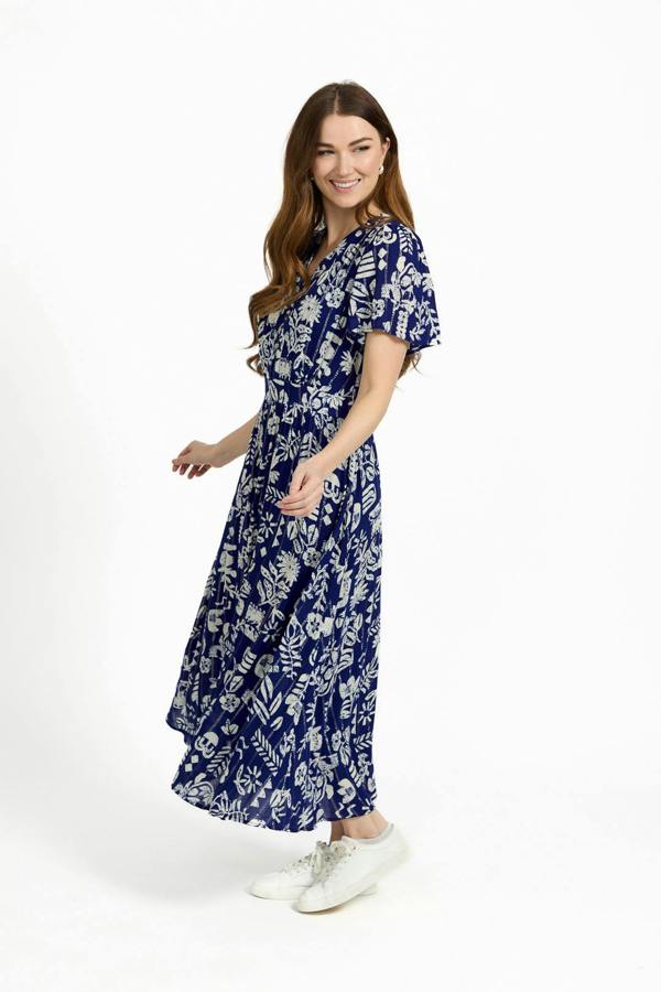 Mudflower Leaf Print Button-Up V-Neck Lurex Dress