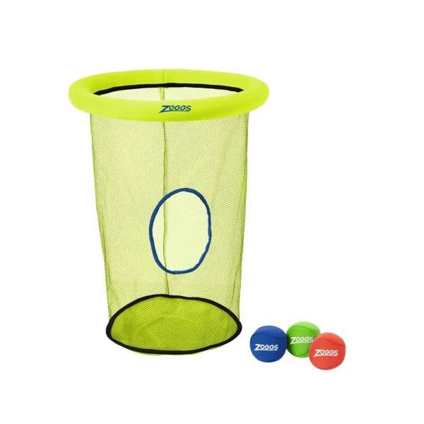 Zoggs neon yellow mesh basket with blue ring for drop underwater netball game