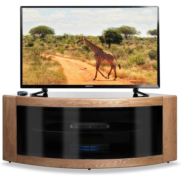 Homeology PANGEA Black Oak Beam-Thru Black Glass Curved Unit Tru-Corner 32"-50" TV Cabinet