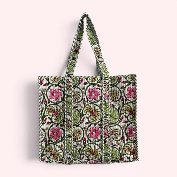 Hayley & Co Green and Pink Floral Quilted Cotton Tote Bag