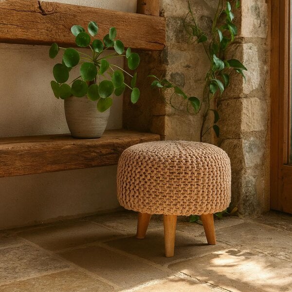 Wyld Haus Mantua Beige Woven Round Footstool