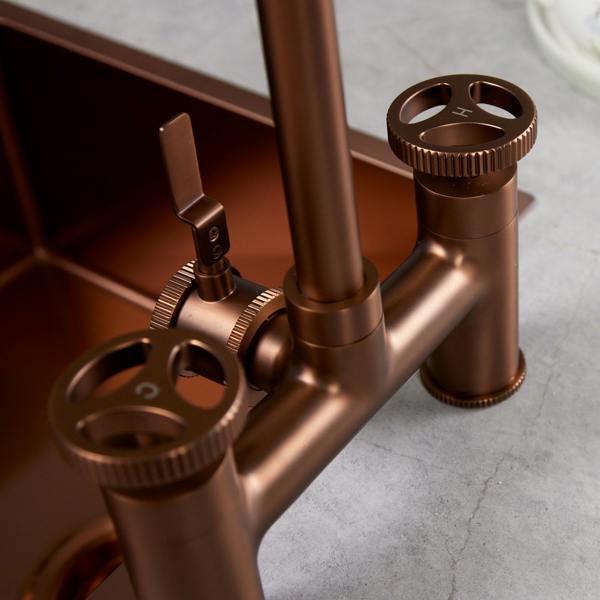 Flode kraft | Industrial Bridge Style 3 in 1 Instant Boiling Tap | Brushed Copper Finish
