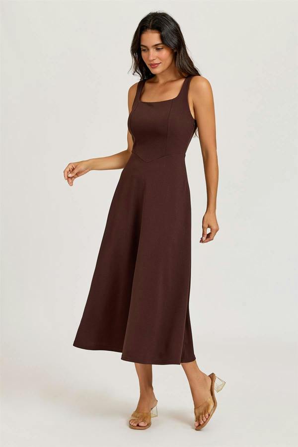 FS Collection Square Neck Sleeveless Fit & Flare Midi Dress In Espresso