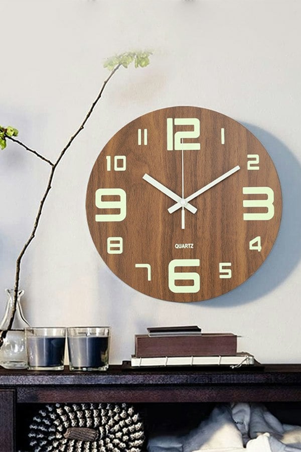 Living and Home 12-Inch Modern Luminous Wood Silent Wall Clock