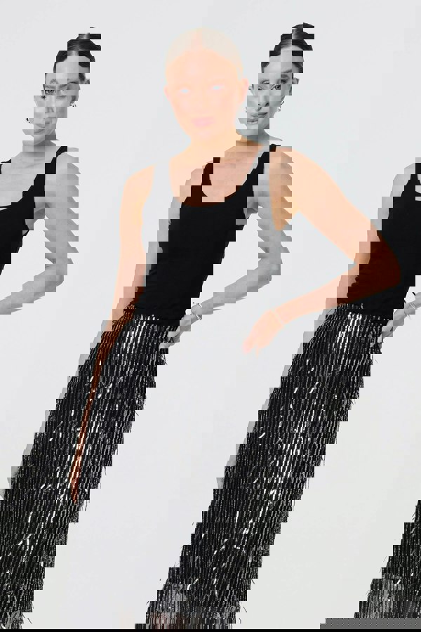 Black | Sparkly Striped Mesh Layer Midi Skirt
