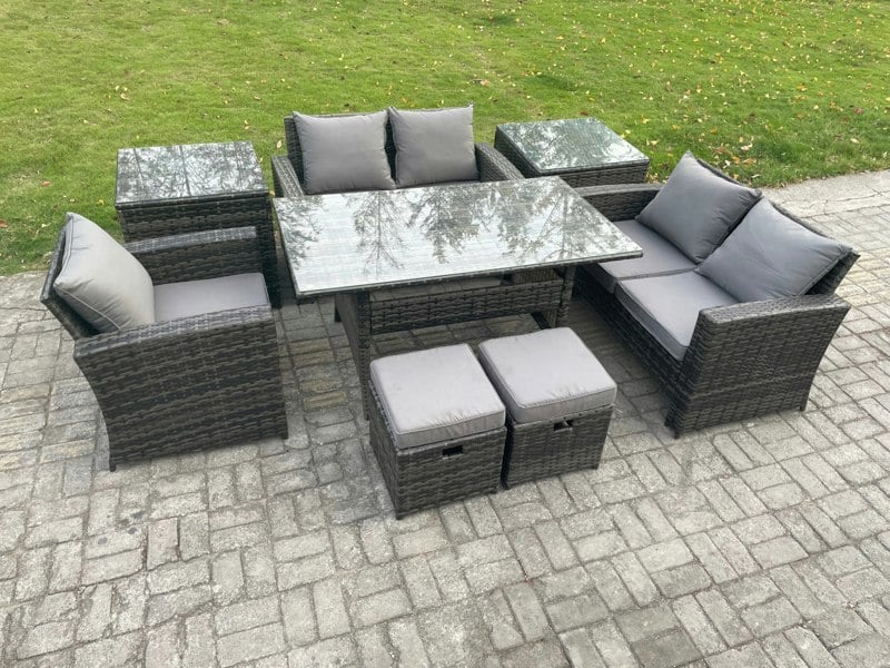 Fimous Outdoor Garden Dining Set - Dark Grey Mixed PE Wicker Rattan Sofa with Rectangular Dining Table & 2 Small Footstools