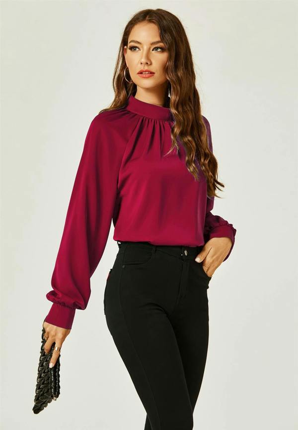 FS Collection Halter Neck Long Sleeve Blouse Top In Wine Red
