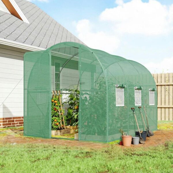2 x 3 m Walk-in Polytunnel Greenhouse with Hinged Door and 6 Roll Up Mesh Windows, Garden Tunnel Warm House Tent, Green - Green