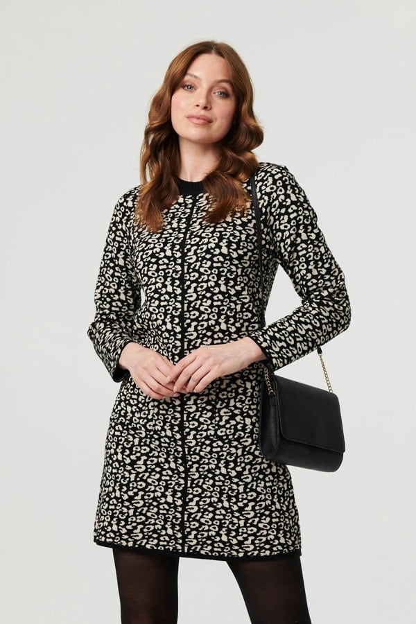 Black | Animal Print Short Knit Shift Dress
