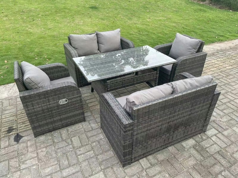 Fimous 6 Seater Dark Grey PE Wicker Rattan Garden Furniture Set Reclining Chair 2 Seater Love Sofa Set Outdoor Rectangular Dining Table