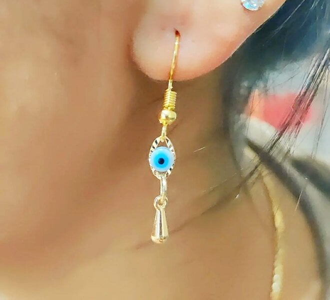 The Colourful Aura Handmade Turkish Evil Eye Protection Gold Plated Charm Dangle Drop Earrings