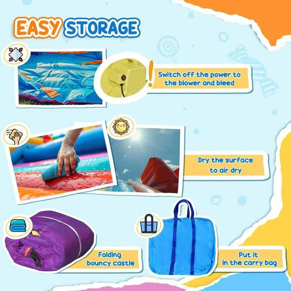 Inflatable bounce castle storage: folding bounce house with carry bag and blower switch-off