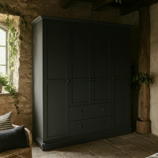 Wyld Haus Osaka Farmhouse Dark Grey Wooden Wardrobe 4 Doors 2 Drawers