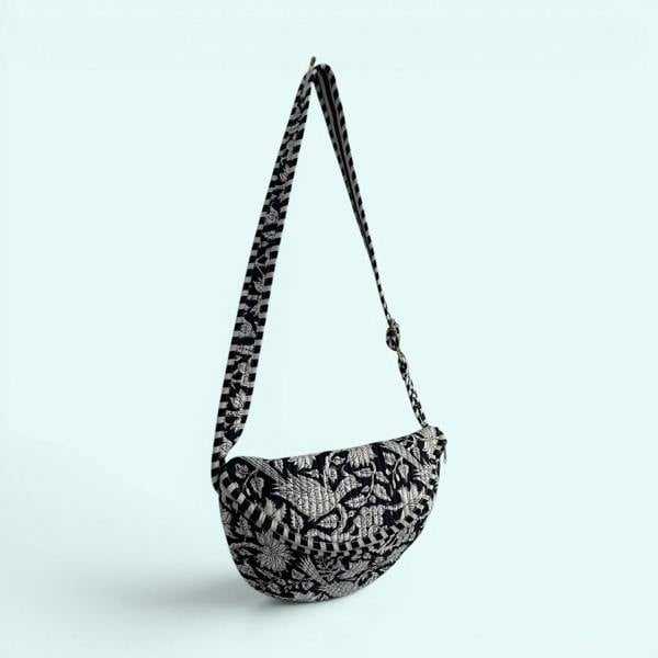 Hayley & Co Cross Body Sling Bag - Black and White Block Print Floral Cotton
