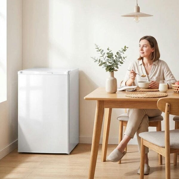 85L Mini Freezer Countertop, Compact Freestanding Upright Freezer with Reversible Door, Removable Glass Shelves, White