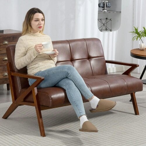 Bobobiy Compact 2 Seater Sofa, Vintage Tufted Loveseat Sofa with Solid Wood Legs, PU Leather Small Couch Settee, 133 x 81 x 78.5 cm, Brown