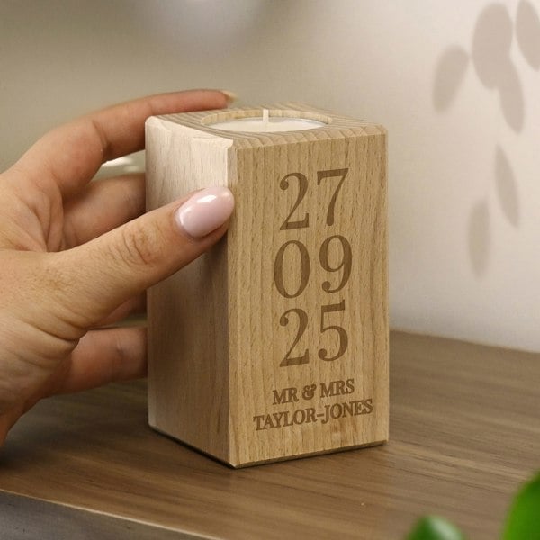 Personalised Memento Company Personalised Anniversary Date Wooden Tealight Holder