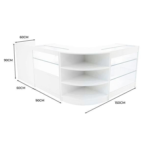 Curved white LED shop counter set featuring glass shelves, sleek design, and dimensions of 150cm x 90cm x 60cm for retail spaces