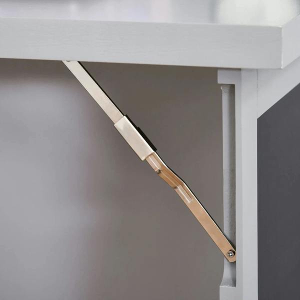 Grey folding desk table support strut with hinge in locked position
