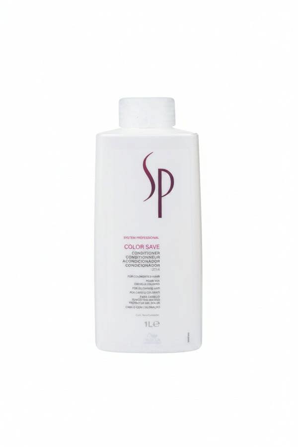 White bottle of SP Color Save conditioner on a white background
