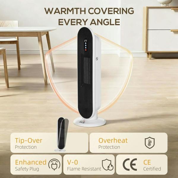 White ceramic tower space heater front view with mesh grille and controls