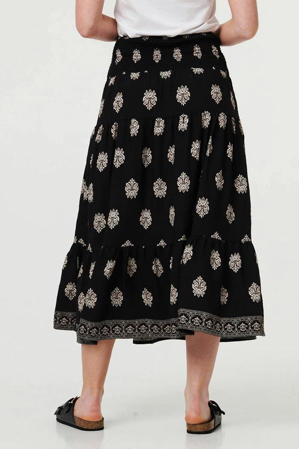 Black | Printed Shirred High Waist Midi Skirt
