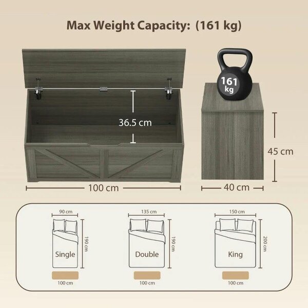 127L Home Storage Box, with Safety Hinges - Dark Grey Wood-Effect