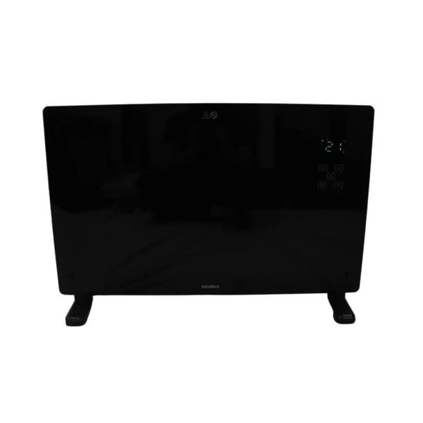 The black glass panel heater with the LED display on showing 21 degrees in the room