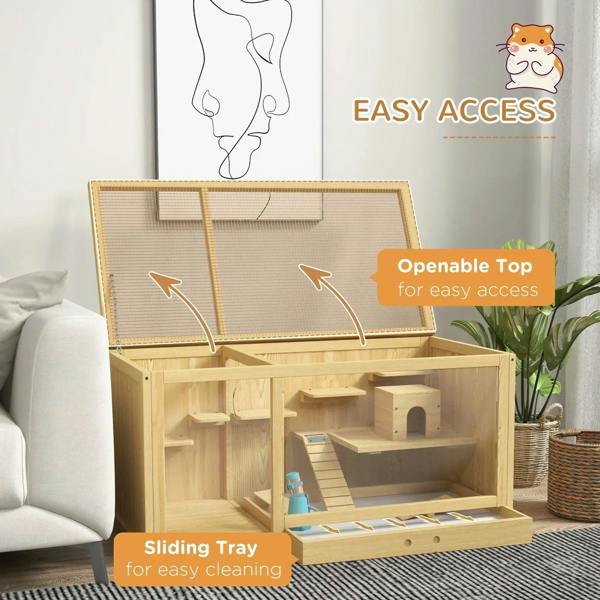 Natural wood hamster cage with open top and sliding tray for easy cleaning