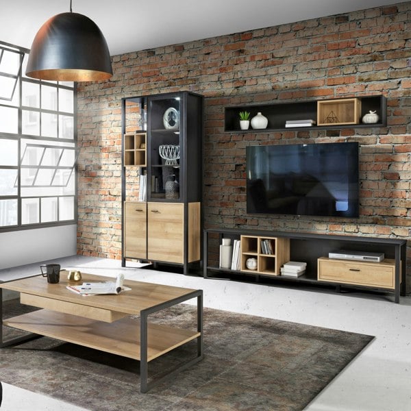 Furniture To Go High Rock Wide TV Unit in Matt Black/Riviera Oak