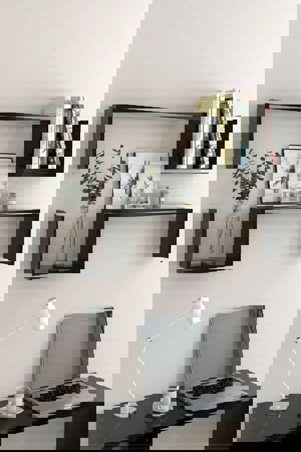 Living and Home 2Pcs Black Wooden Wall Mounted Floating Shelves