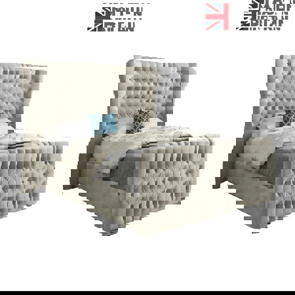 Casa Magna Parma Wide Curved Winged Upholstered Soft Velvet Bed Frame - Cream