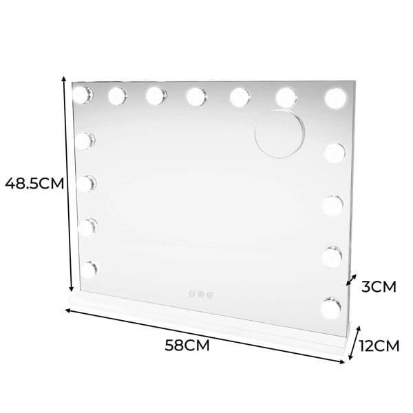 LED Bluetooth mirror measuring 58 x 46cm with a sleek glass surface, illuminated by 12 round lights for enhanced visibility