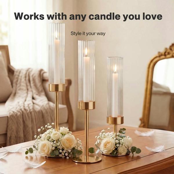 Levede Candle Holder Gold Metal Glass Tube Candlestick Holders Set of 3 Decor