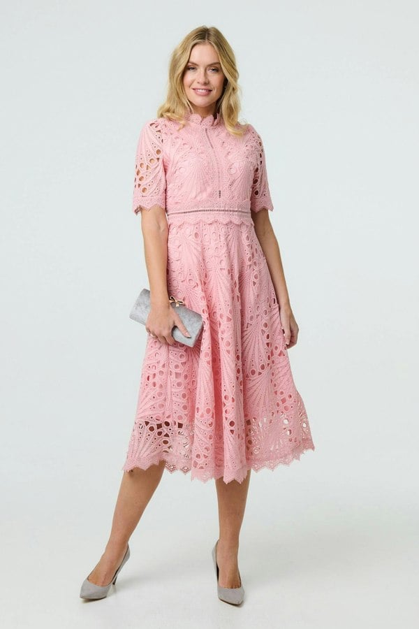 Pink | Floral Lace Cut Out Frilled Trim Midi Dress : Model is 5'10"/178 cm and wears UK8/EU36/US4/AUS8
