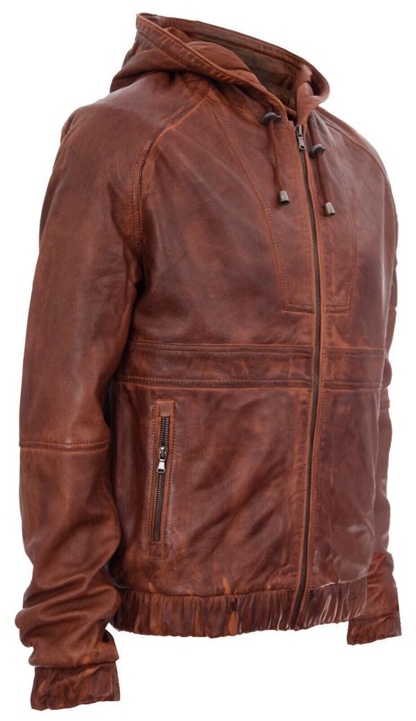 Infinity Leather Mens Vintage Zipped Leather Hooded Bomber Biker Jacket