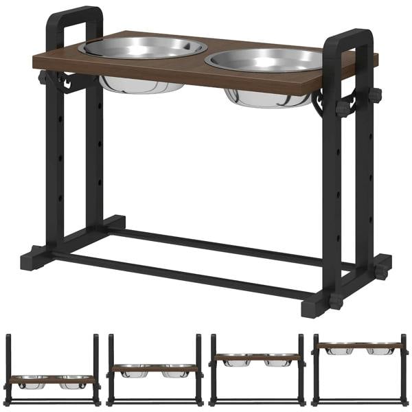 Raised dog bowls stand with two stainless steel bowls, brown top, black adjustable legs