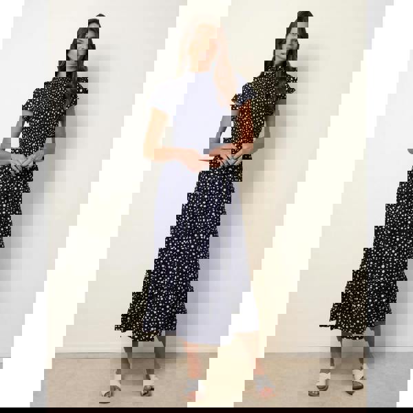 Blue Vanilla Polka Dot Shirred Frill Neck Midi Dress