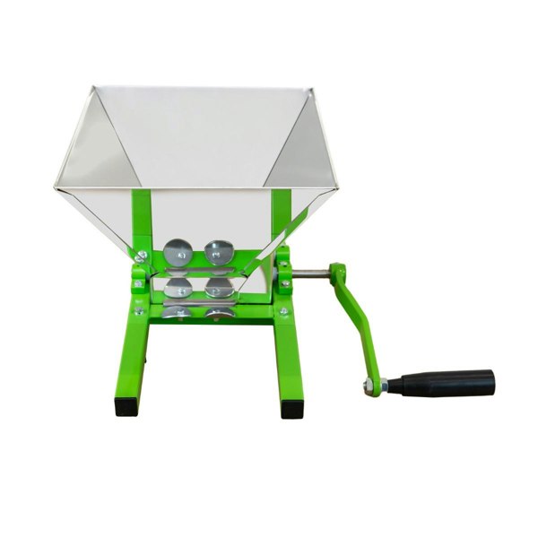 KuKoo fruit crusher with a shiny stainless steel hopper, green metal frame, and a sturdy hand crank for easy operation