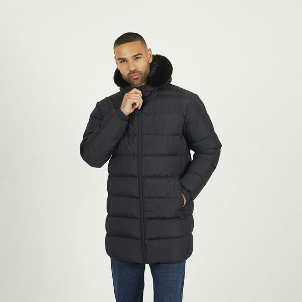 Brave Soul Black Longline Padded Jacket With Faux Fur Trim Hood - Black Image 1