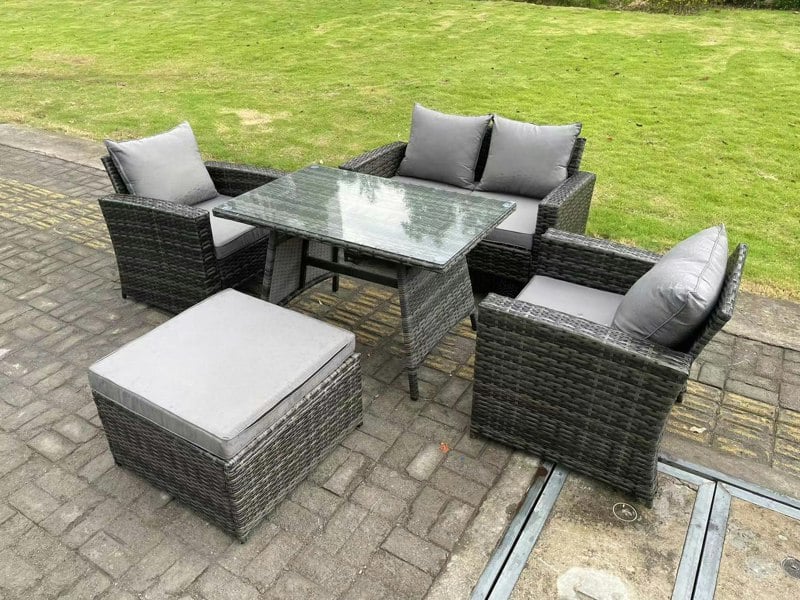Fimous 5 Seater Outdoor Dark Grey Mixed High Back Rattan Sofa Dining Table Set Garden Furniture Big Footstool