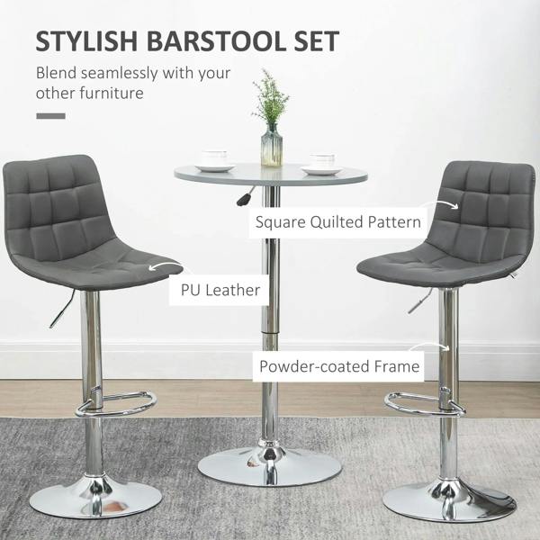 Grey tufted bar stool set with PU leather upholstery and powder-coated metal frame