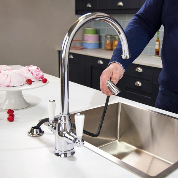 Flode Halden | Dual Lever Kitchen Sink Mixer Tap and Rinser with Swivel Spout | Polished Chrome Finish