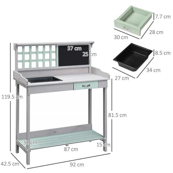 Garden Potting Table with Sink, Blackboard and Drawer, Wooden Planting Work Bench Workstation Outdoor Tool Storage Shelves