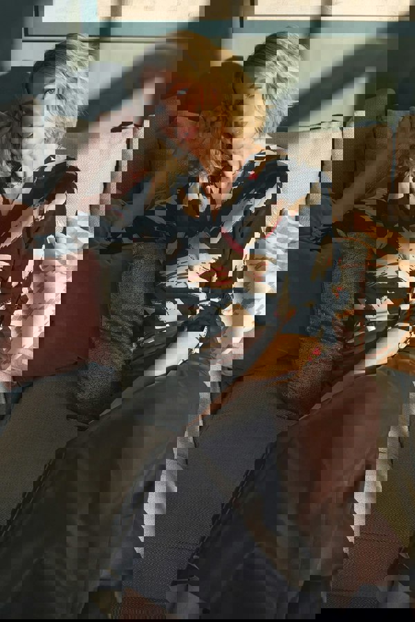 Black | Printed Collarless V-Neck Blouse : Model is 5'9 and wears size UK8/EU36/US4/AUS8