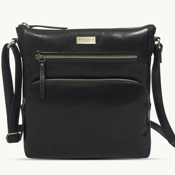 Assots London 'AGATHA' Black Vintage Polished VT Real Leather Crossbody Bag