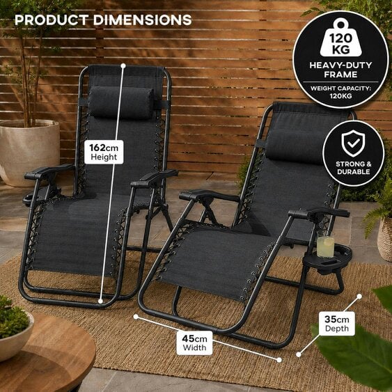 Neo Black Zero Gravity Recliner Garden Sun Loungers x2