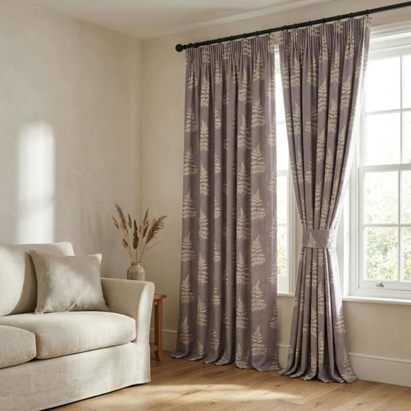 Fern made-to-measure curtains in Heather, styled in a living room
