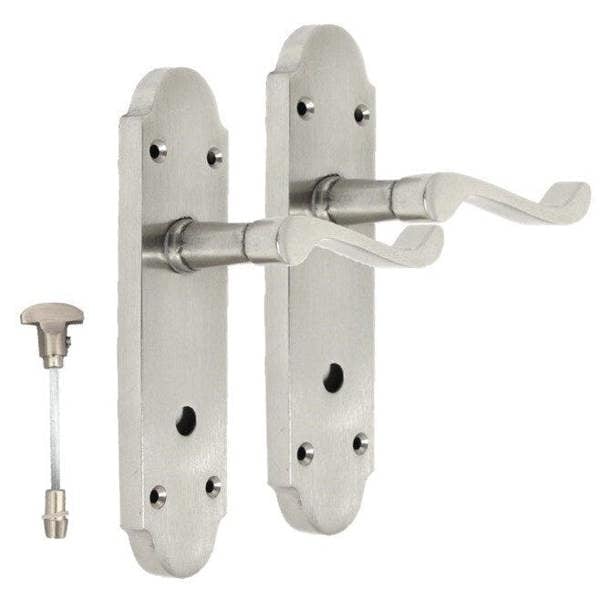 EDH Door Hardware Satin Nickel Bathroom Door Handle – Epsom Style Victorian Scroll Privacy Lever